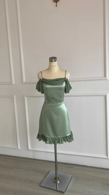 Matcha satin dress with camisole straps and exposed shoulder lotus leaf edges, perfect for dates/parties, perfect for a romantic occasion