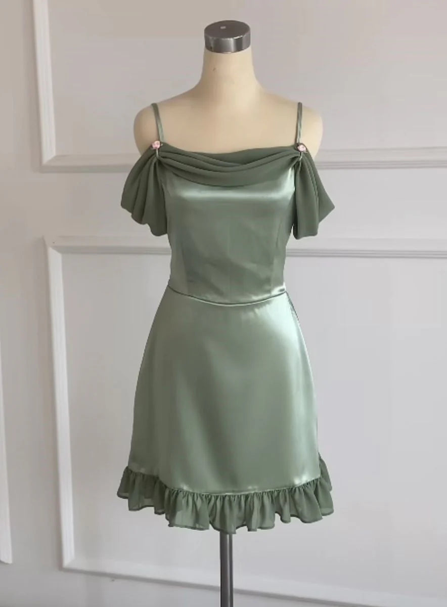 Matcha satin dress with camisole straps and exposed shoulder lotus leaf edges, perfect for dates/parties, perfect for a romantic occasion