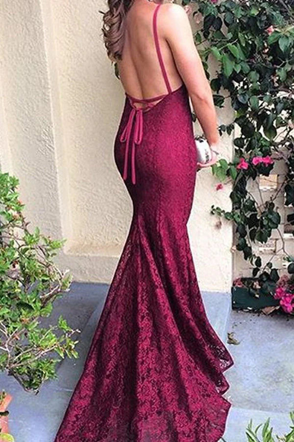 Mermaid Backless Lace Prom Dress Sexy Evening Dress simple gentle atmospheric and unique desi Bring summer colors to enhance whiteness
