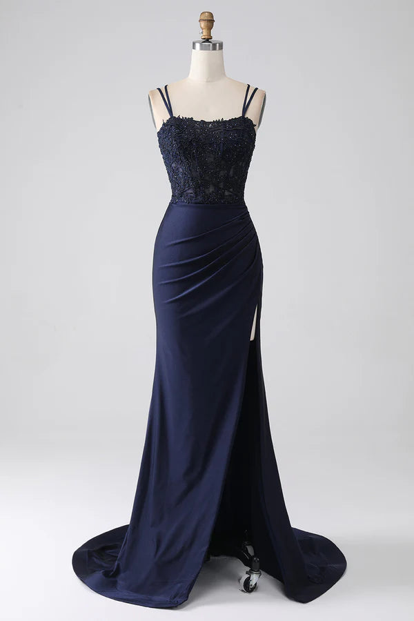 Mermaid Beaded Navy Prom Dress with Ruffles simple gentle atmospheric and unique desi
