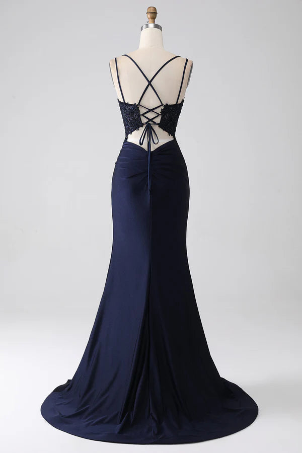 Mermaid Beaded Navy Prom Dress with Ruffles simple gentle atmospheric and unique desi