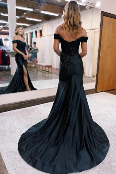 Mermaid Black Off the shoulder high split prom dress Simple gentle atmospheric and unique design  ﻿