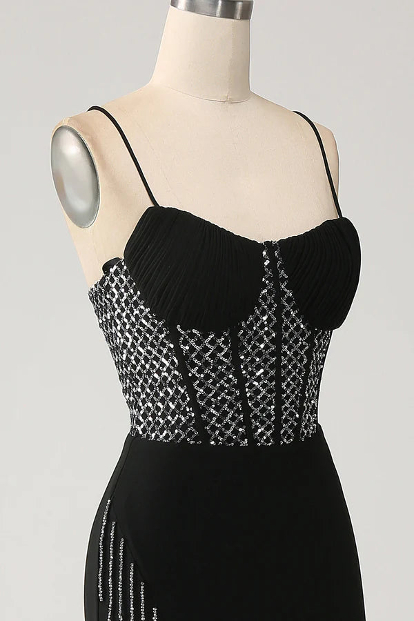 Mermaid Black Spaghetti Straps Long Corset Prom Dress with Slit simple gentle atmospheric and unique desi