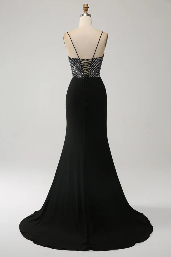 Mermaid Black Spaghetti Straps Long Corset Prom Dress with Slit simple gentle atmospheric and unique desi