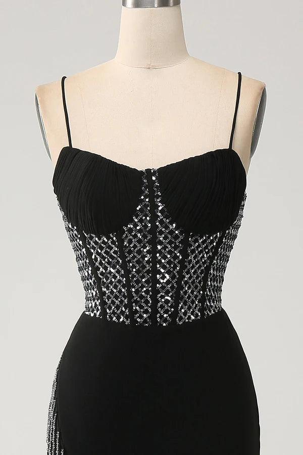 Mermaid Black Spaghetti Straps Long Corset Prom Dress with Slit simple gentle atmospheric and unique desi