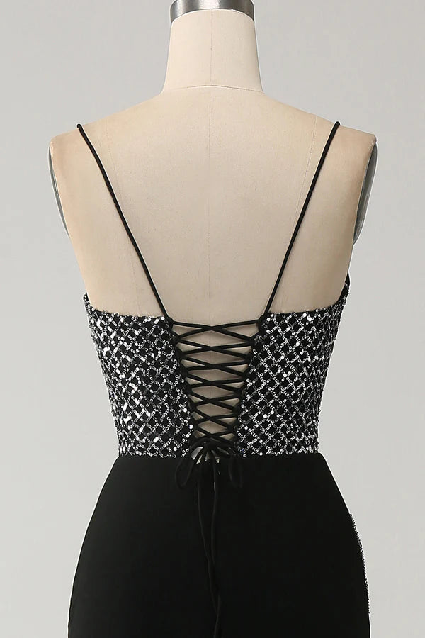 Mermaid Black Spaghetti Straps Long Corset Prom Dress with Slit simple gentle atmospheric and unique desi