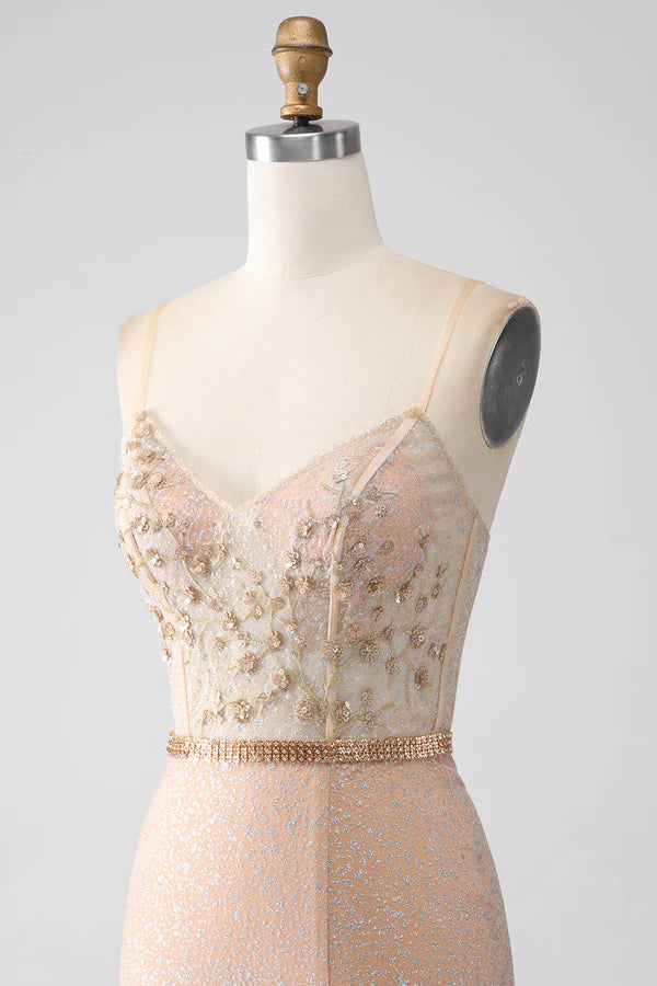 Mermaid Champagne Spaghetti Straps Long Prom Dress with Slit simple gentle atmospheric and unique desi