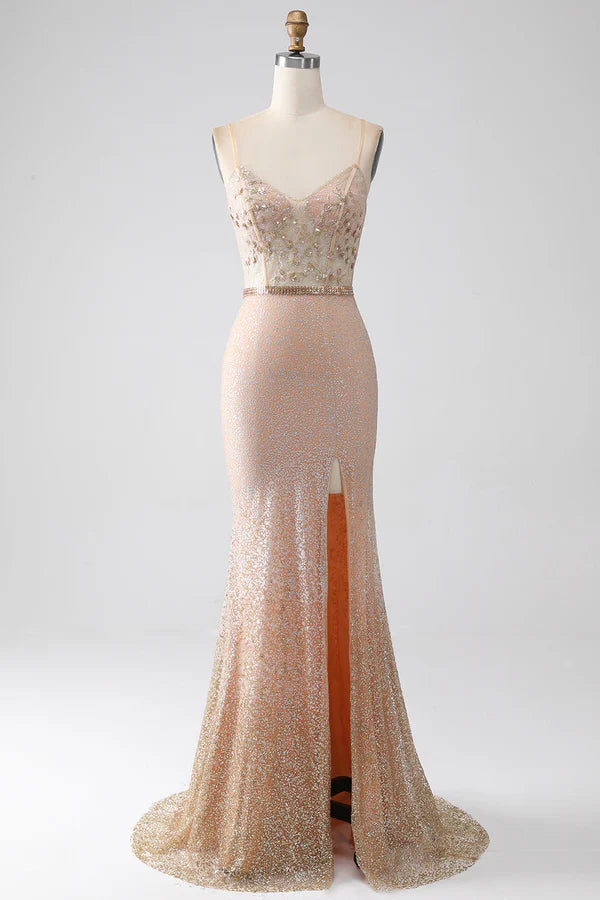 Mermaid Champagne Spaghetti Straps Long Prom Dress with Slit simple gentle atmospheric and unique desi
