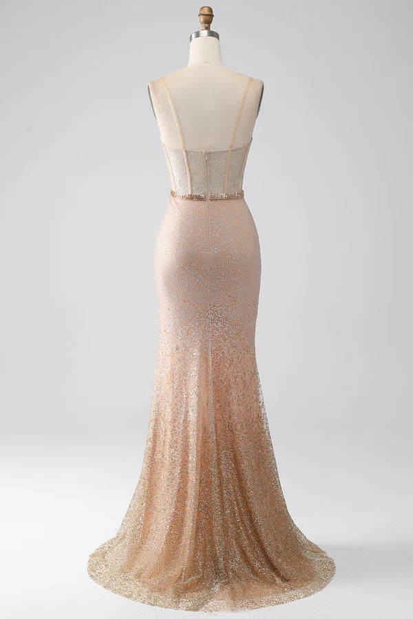 Mermaid Champagne Spaghetti Straps Long Prom Dress with Slit simple gentle atmospheric and unique desi
