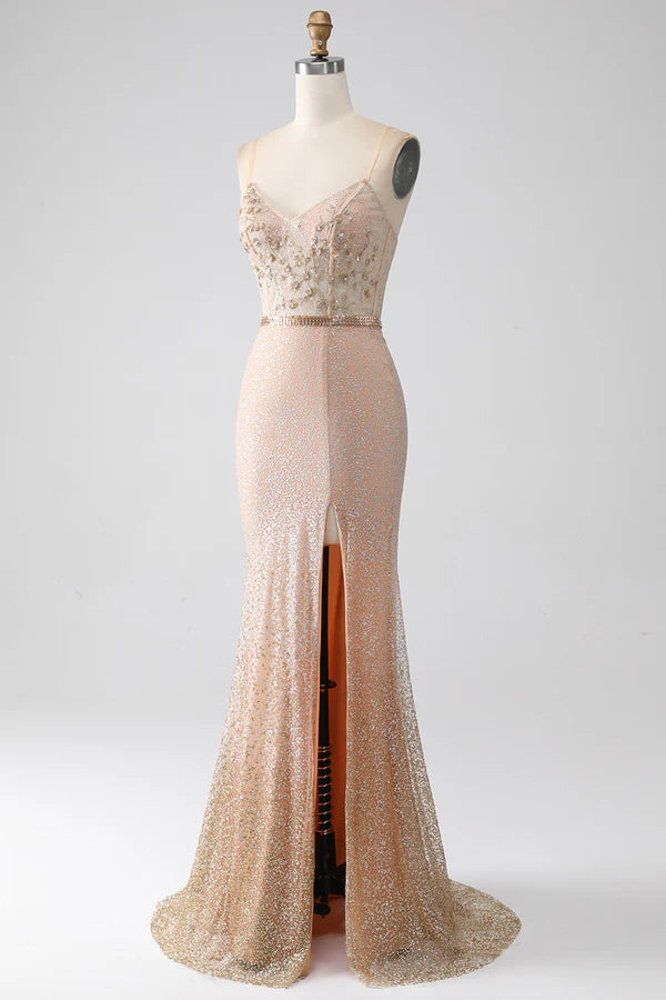 Mermaid Champagne Spaghetti Straps Long Prom Dress with Slit simple gentle atmospheric and unique desi