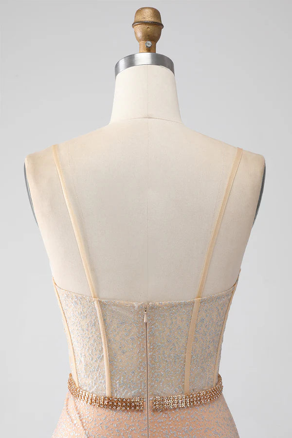 Mermaid Champagne Spaghetti Straps Long Prom Dress with Slit simple gentle atmospheric and unique desi