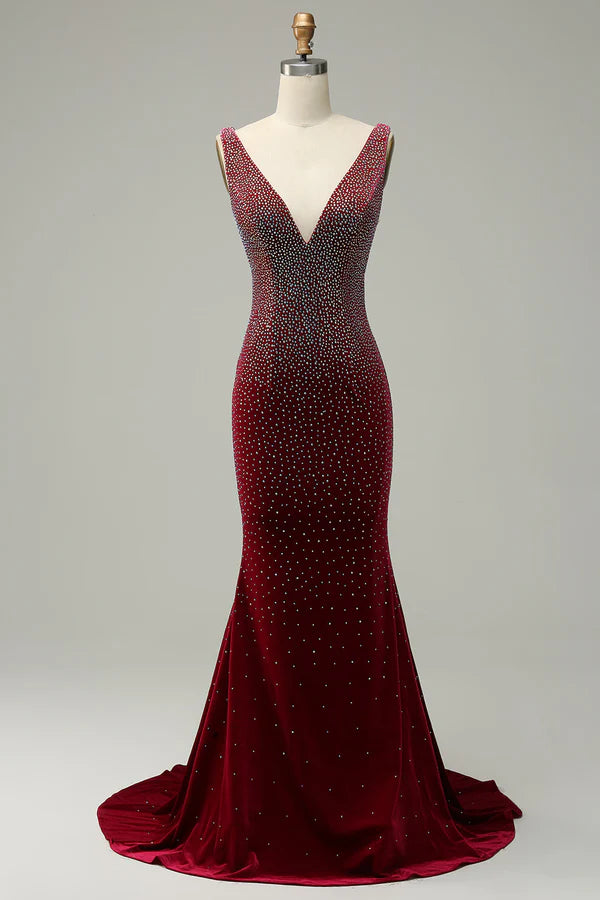 Mermaid Deep V Neck Burgundy Long Prom Dress with Beading Simple gentle atmospheric and unique design ﻿