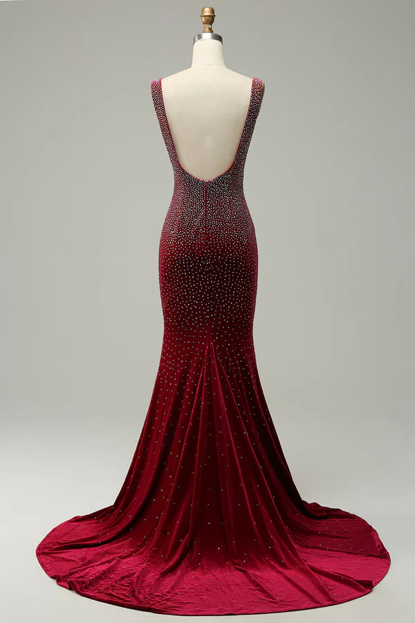 Mermaid Deep V Neck Burgundy Long Prom Dress with Beading Simple gentle atmospheric and unique design ﻿