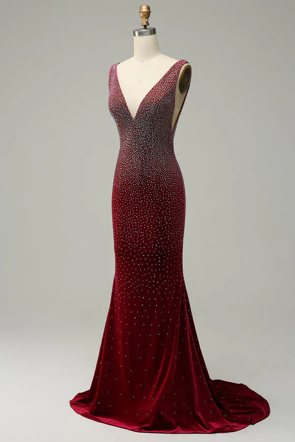 Mermaid Deep V Neck Burgundy Long Prom Dress with Beading Simple gentle atmospheric and unique design ﻿