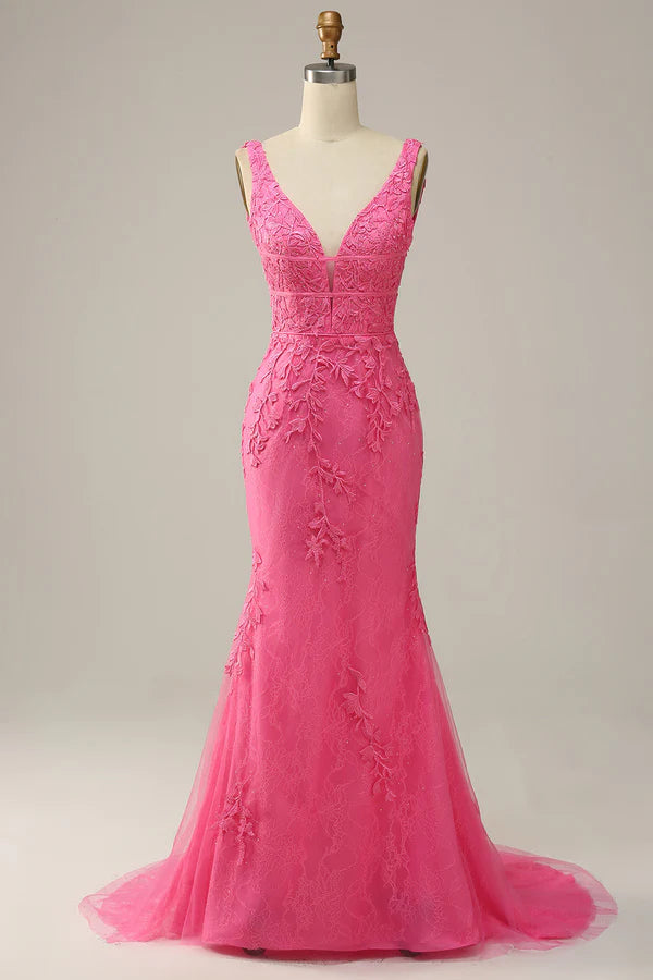 Mermaid Deep V Neck Hot Pink Long Prom Dress with Open Back Simple gentle atmospheric and unique design ﻿