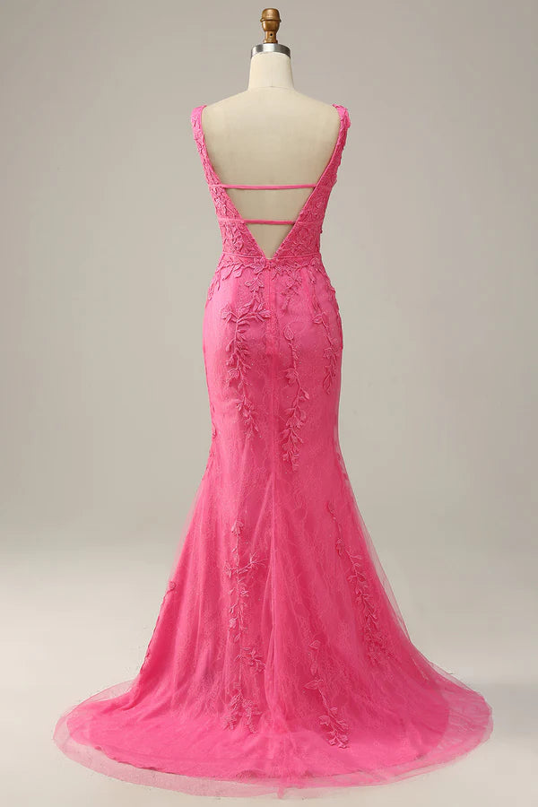 Mermaid Deep V Neck Hot Pink Long Prom Dress with Open Back Simple gentle atmospheric and unique design ﻿