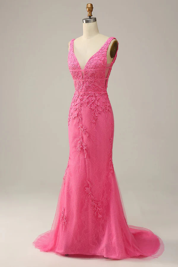 Mermaid Deep V Neck Hot Pink Long Prom Dress with Open Back Simple gentle atmospheric and unique design ﻿