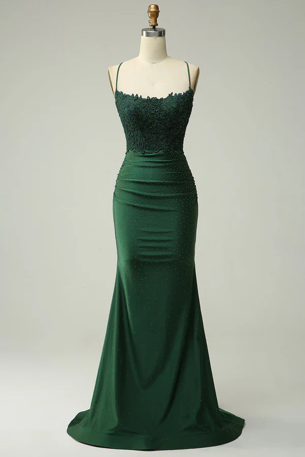 Mermaid Halter Dark Green Long Prom Dress with Appliques Beading Simple gentle atmospheric and unique design ﻿