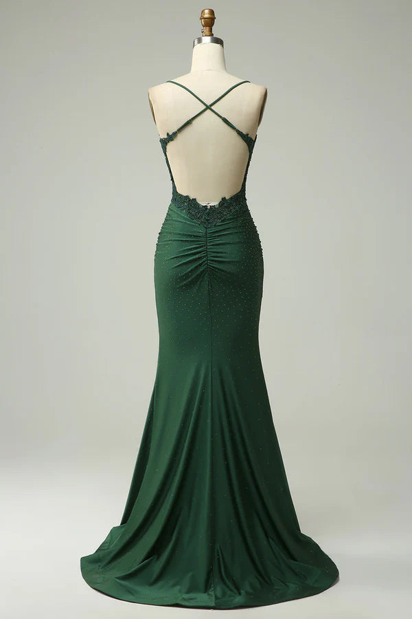 Mermaid Halter Dark Green Long Prom Dress with Appliques Beading Simple gentle atmospheric and unique design ﻿