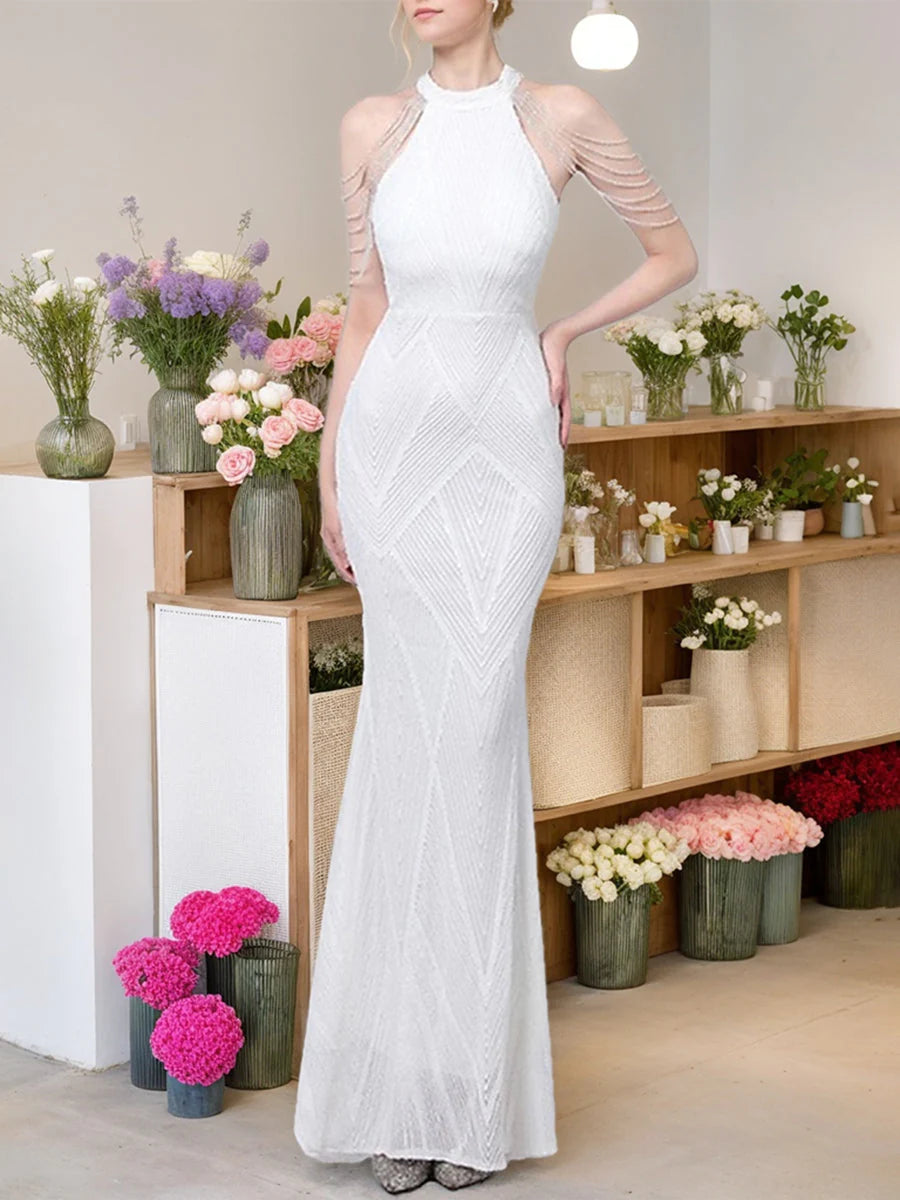 Mermaid Halter Floor-Length Sequined Elegant Evening Dresses with Tassels Beadings simple gentle atmospheric and unique desi Bring summer colors to enhance whiteness