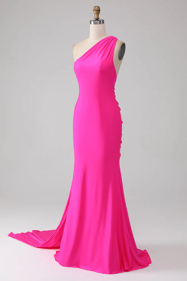 Mermaid Hot Pink One Shoulder Long Prom Dress simple gentle atmospheric and unique desi