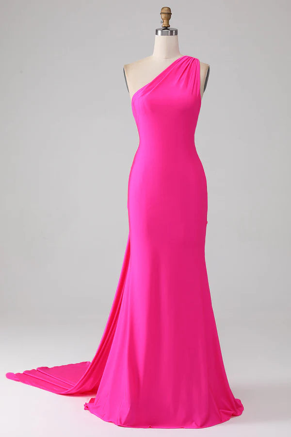 Mermaid Hot Pink One Shoulder Long Prom Dress simple gentle atmospheric and unique desi