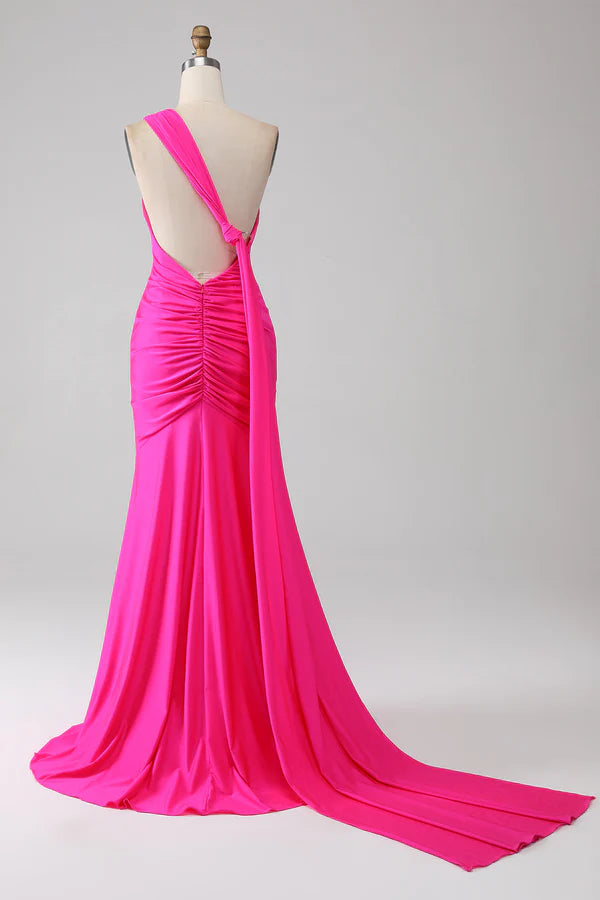 Mermaid Hot Pink One Shoulder Long Prom Dress simple gentle atmospheric and unique desi