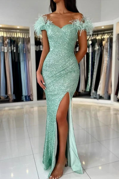 Mermaid Light Green Off The Shoulder Split Front Prom Dress with Sequins Sequins Simple gentle atmospheric and unique design  ﻿