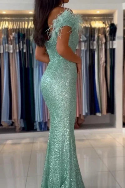 Mermaid Light Green Off The Shoulder Split Front Prom Dress with Sequins Sequins Simple gentle atmospheric and unique design  ﻿
