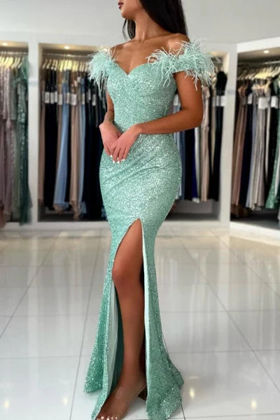 Mermaid Light Green Off The Shoulder Split Front Prom Dress with Sequins Sequins Simple gentle atmospheric and unique design  ﻿