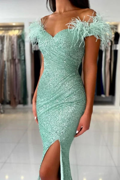 Mermaid Light Green Off The Shoulder Split Front Prom Dress with Sequins Sequins Simple gentle atmospheric and unique design  ﻿