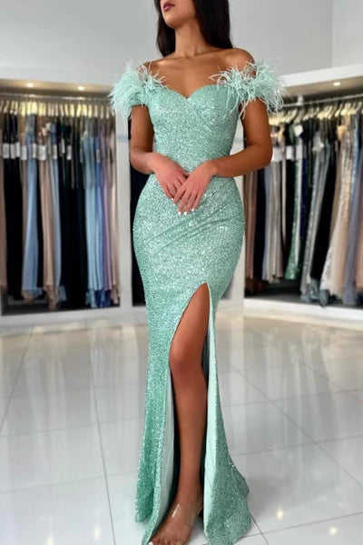 Mermaid Light Green Off The Shoulder Split Front Prom Dress with Sequins Sequins Simple gentle atmospheric and unique design  ﻿