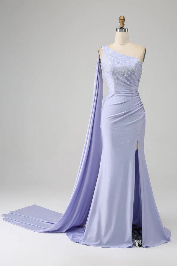 Mermaid Lilac One Shoulder Long Prom Dress with Slit simple gentle atmospheric and unique desi