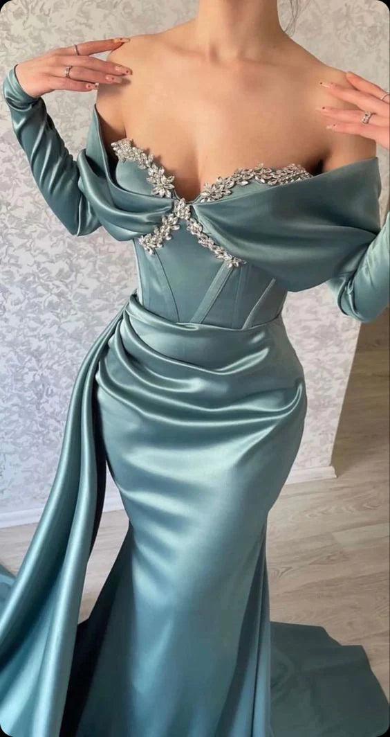 Mermaid Long Sleeve Evening Dresses,Sexy Holiday Party Gown with Crystal simple gentle atmospheric and unique desi Bring summer colors to enhance whiteness