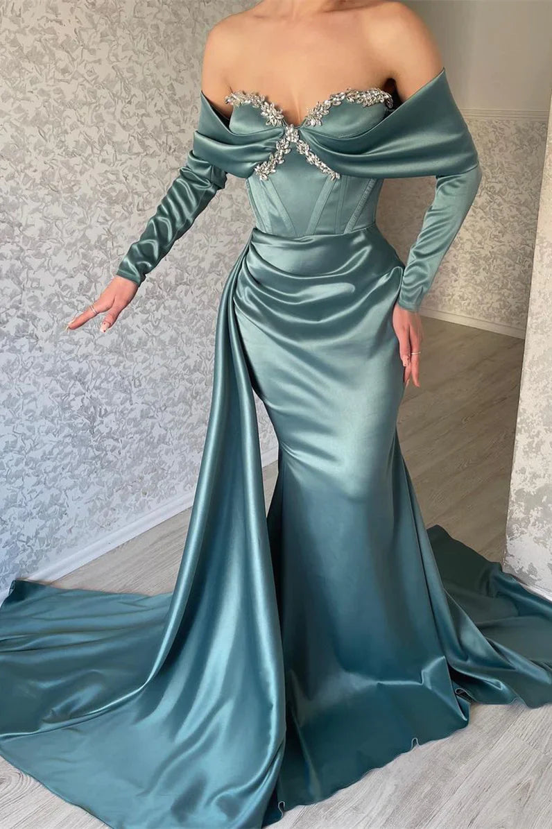 Mermaid Long Sleeve Evening Dresses,Sexy Holiday Party Gown with Crystal simple gentle atmospheric and unique desi Bring summer colors to enhance whiteness