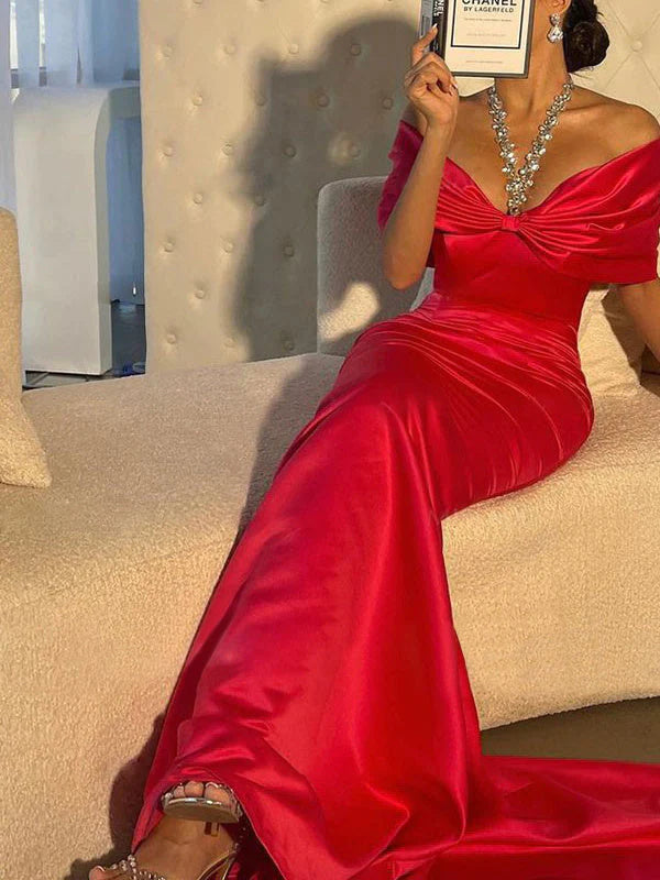 Mermaid Off-the-Shoulder Short Sleeves Sweep Train Evening Dresses With Beading simple gentle atmospheric and unique desi Bring summer colors to enhance whiteness