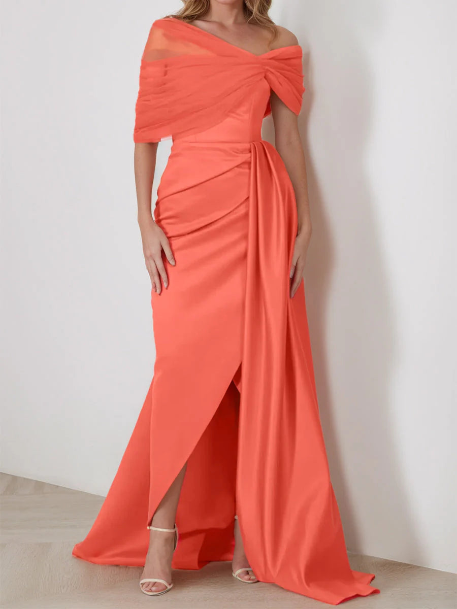 Mermaid Off-the-Shoulder Sleeveless Evening Dresses with Ruffles & Split Front simple gentle atmospheric and unique desi Bring summer colors to enhance whiteness
