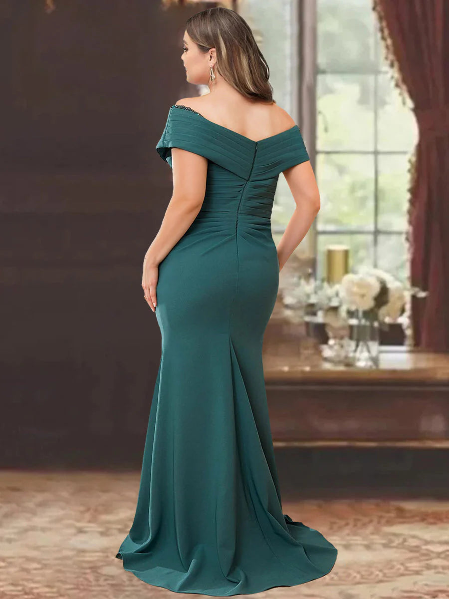 Mermaid Off-the-Shoulder Sleeveless Floor-Length Mother of the Bride Dresses With Ruffles  simple gentle atmospheric and unique desi Bring summer colors to enhance whiteness
