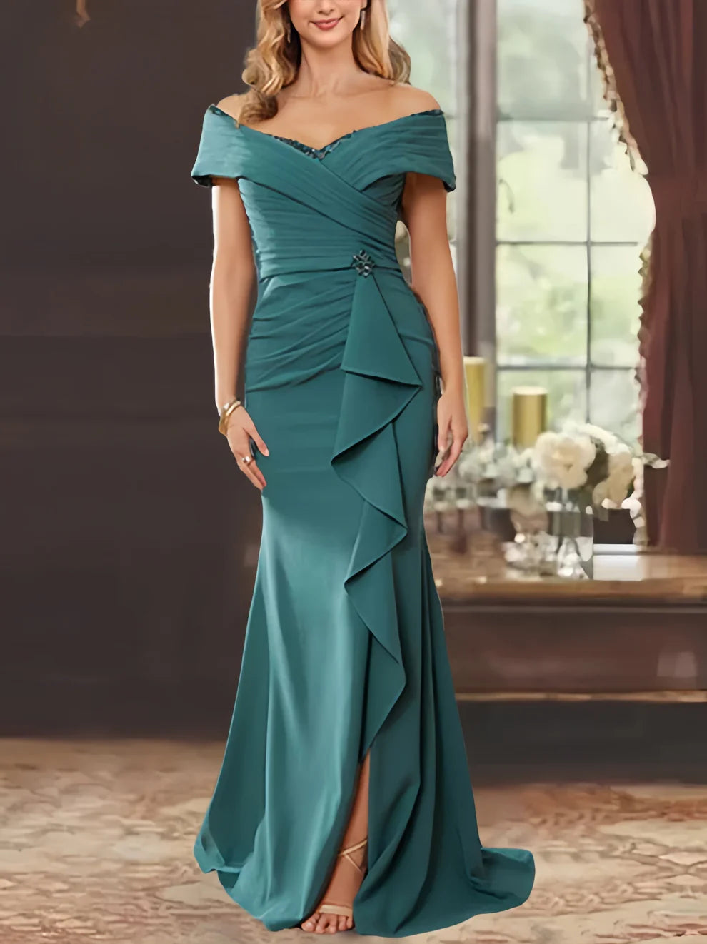 Mermaid Off-the-Shoulder Sleeveless Floor-Length Mother of the Bride Dresses With Ruffles  simple gentle atmospheric and unique desi Bring summer colors to enhance whiteness