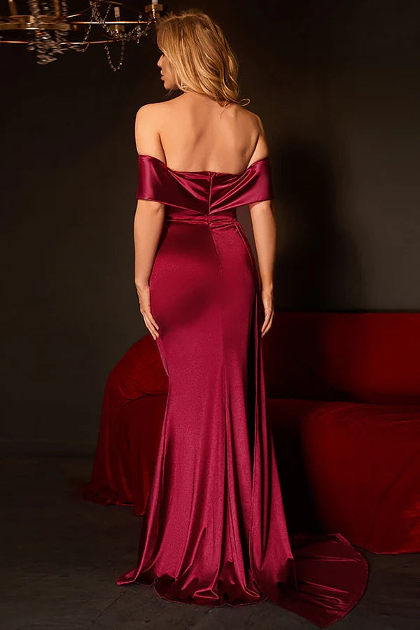 Mermaid Off The Shoulder Burgundy Prom Dress with Ruffles Simple gentle atmospheric and unique design