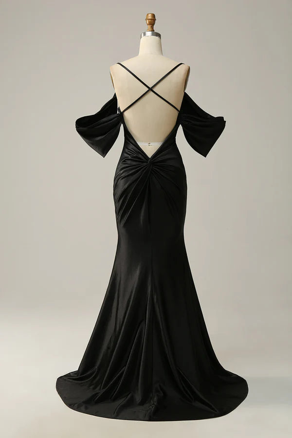 Mermaid Off the Shoulder Black Open Back Long Prom Dress Simple gentle atmospheric and unique design ﻿