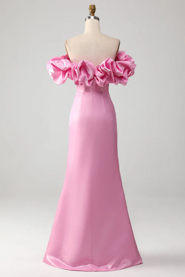 Mermaid Off the Shoulder Pink Prom Dress with Split Front Simple gentle atmospheric and unique desig