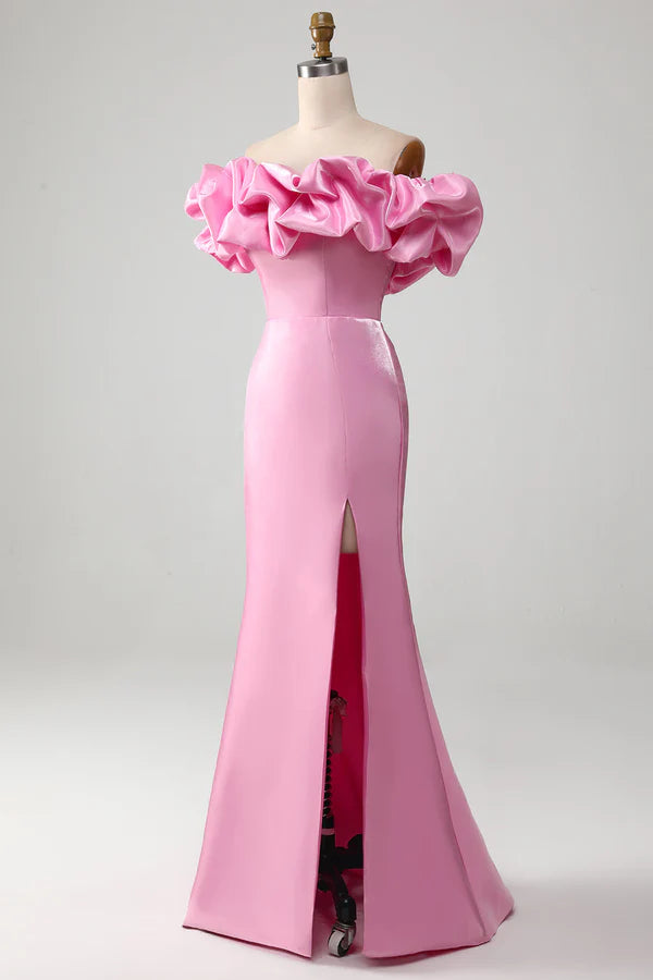 Mermaid Off the Shoulder Pink Prom Dress with Split Front Simple gentle atmospheric and unique desig