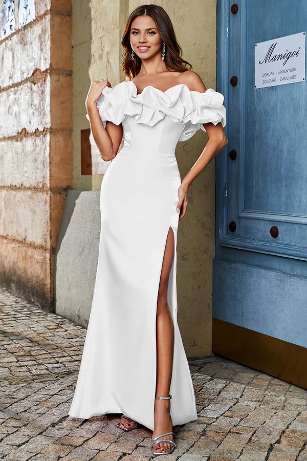 Mermaid Off the Shoulder White Prom Dress with Split Front simple gentle atmospheric and unique desi