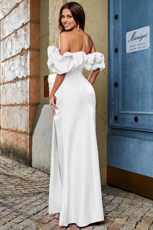 Mermaid Off the Shoulder White Prom Dress with Split Front simple gentle atmospheric and unique desi