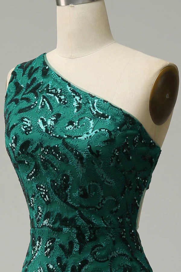 Mermaid One Shoulder Dark Green Sequins Long Prom Dress with Split Front Simple gentle atmospheric and unique design ﻿