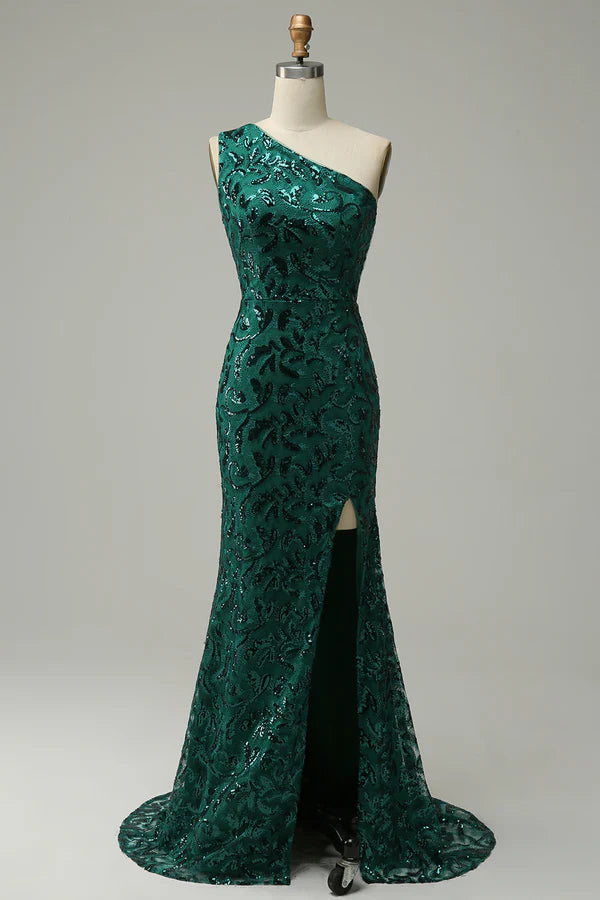 Mermaid One Shoulder Dark Green Sequins Long Prom Dress with Split Front Simple gentle atmospheric and unique design ﻿