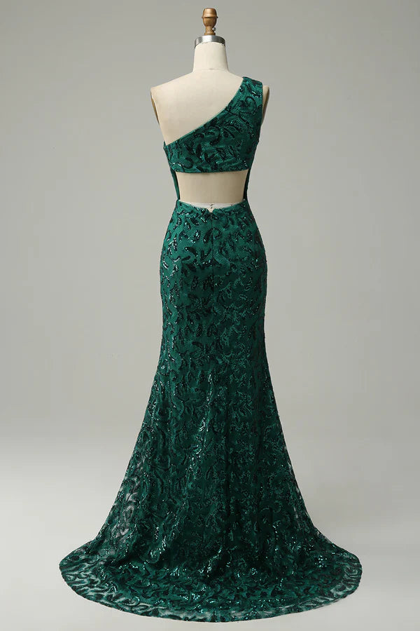 Mermaid One Shoulder Dark Green Sequins Long Prom Dress with Split Front Simple gentle atmospheric and unique design ﻿