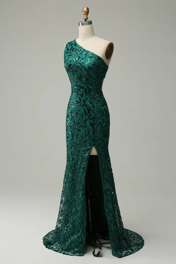 Mermaid One Shoulder Dark Green Sequins Long Prom Dress with Split Front Simple gentle atmospheric and unique design ﻿
