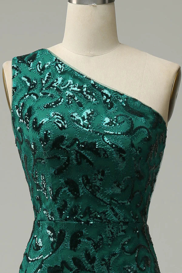 Mermaid One Shoulder Dark Green Sequins Long Prom Dress with Split Front Simple gentle atmospheric and unique design ﻿